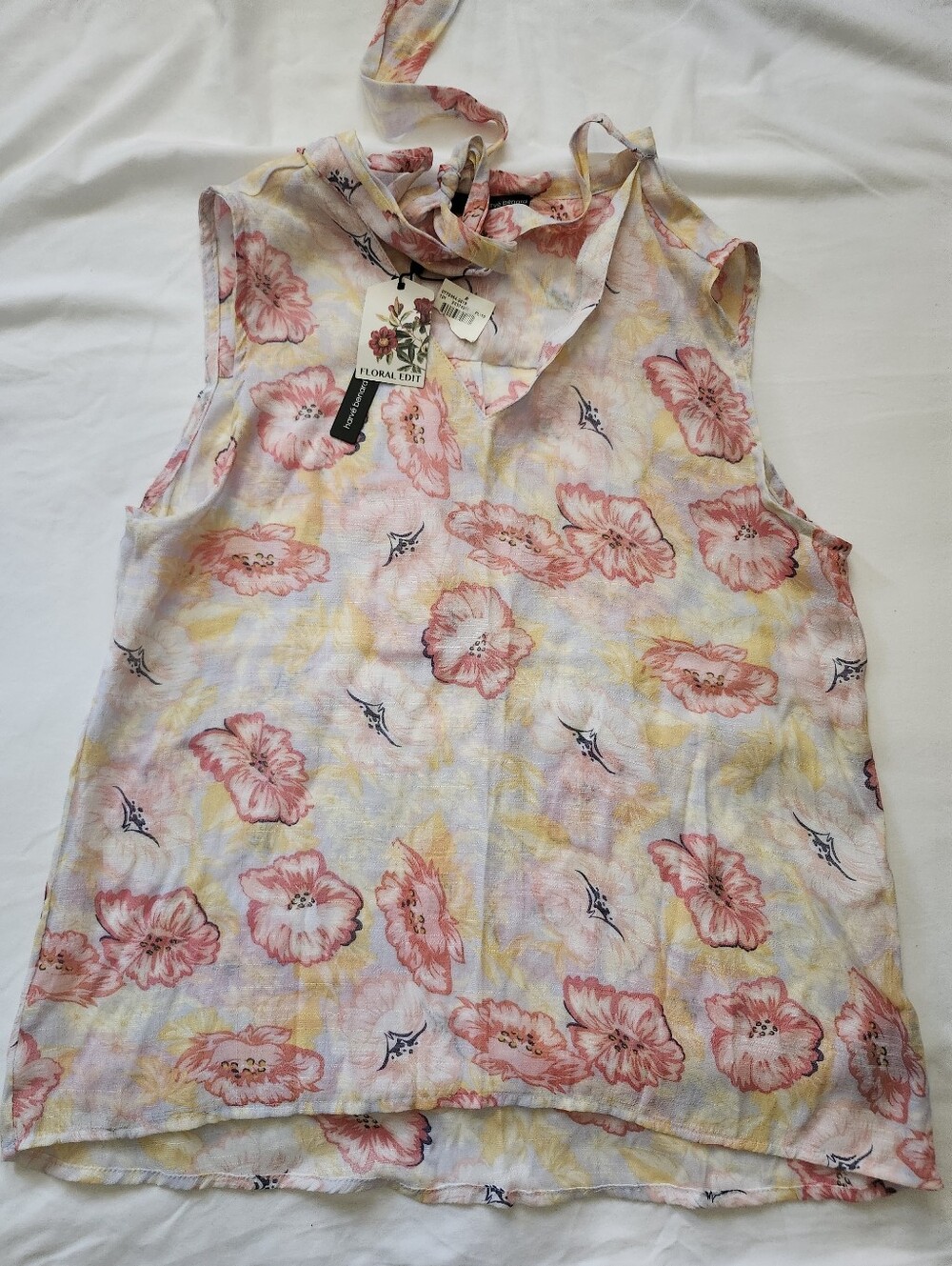 Harve Benard Pink and Yellow Floral Tie-Neck Sleeveless Blouse